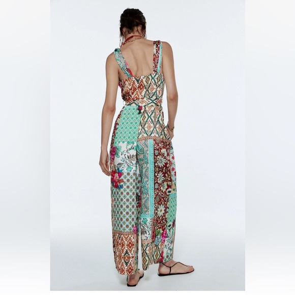 Zara Patchwork Printed Jumpsuit Multicoloured Size Medium Wide Leg Belted Satin - Picture 2 of 16